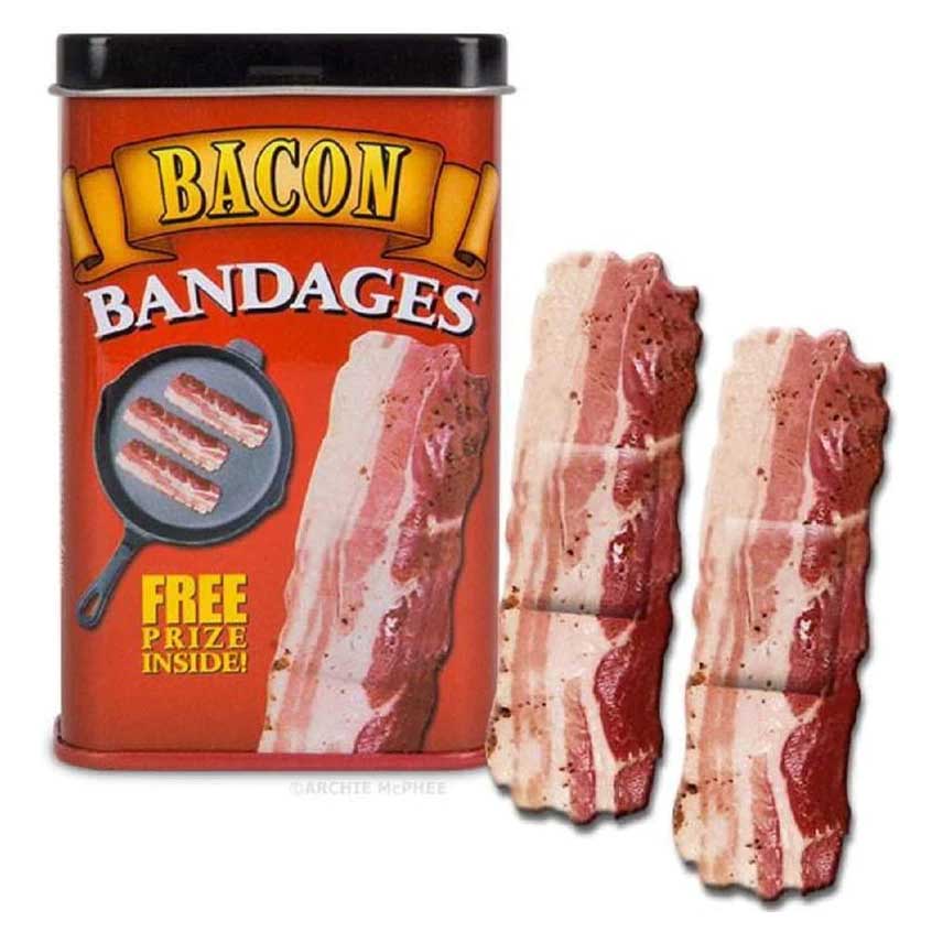 bacon bandages red tin showing an illustration of bacon and a cuple of  bandages examples that  look like bacon strips.