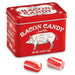 Red tin box of Bacon Candy with two pieces of candy on a white background