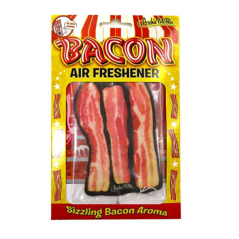 Bacon air freshener packaging with 'Archie McPhee' branding on a white background