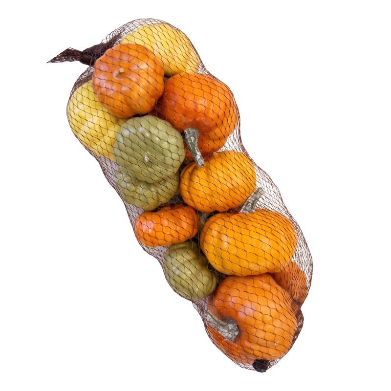 A mesh bag filled with small decorative pumpkins and gourds in orange, yellow, and olive green, photographed on a plain white background.