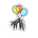 A die-cut sticker featuring a cartoon gray cat carrying three balloons in yellow, orange, and light blue, with the text 'PORT GAMBLE' printed along the right side, shown on a plain white background.