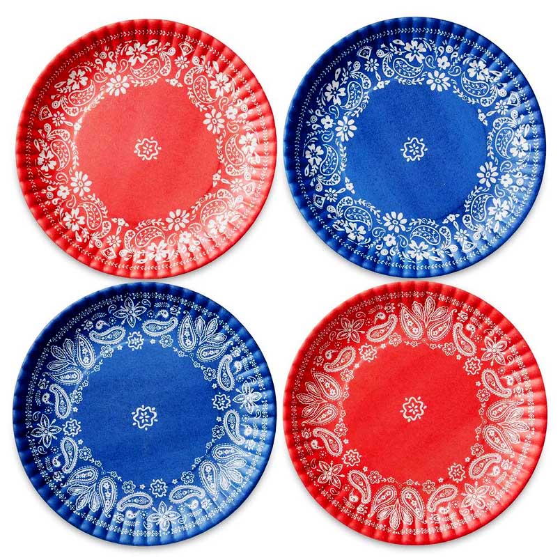 Set of 4, 2 blue and 2 red melamine bandana design plates