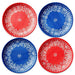  2 blue and 2 red melamine plates with a bandana design.
