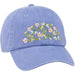 Blue cap with floral and bee embroidery on a white background