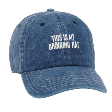 Blue denim cap with 'THIS IS MY DRINKING HAT' text on a white background