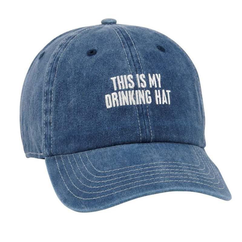 Blue denim cap with 'THIS IS MY DRINKING HAT' text on a white background