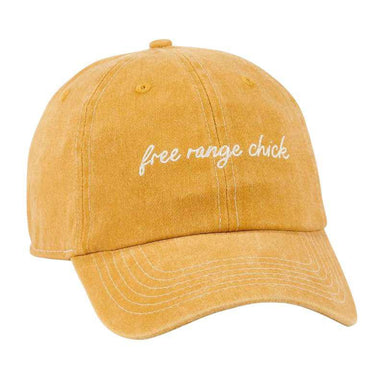 Yellow cap with 'free range chick' text on a white background