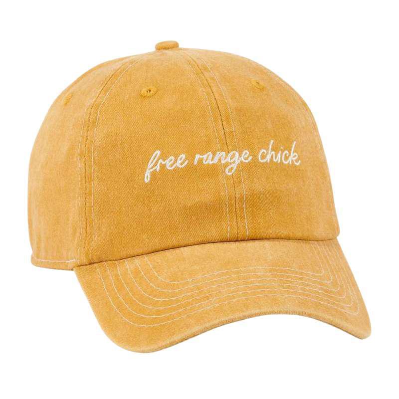 Yellow cap with 'free range chick' text on a white background