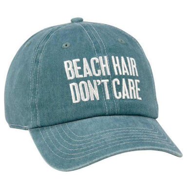 Blue cap with 'Beach Hair Don't Care' text on a white background