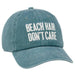 Blue cap with 'Beach Hair Don't Care' text on a white background