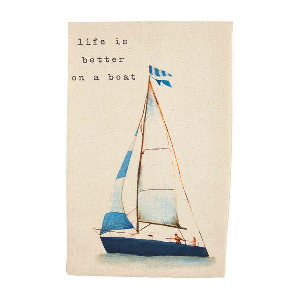 Sailboat with a flag and 'life is better on a boat' text on a beige background