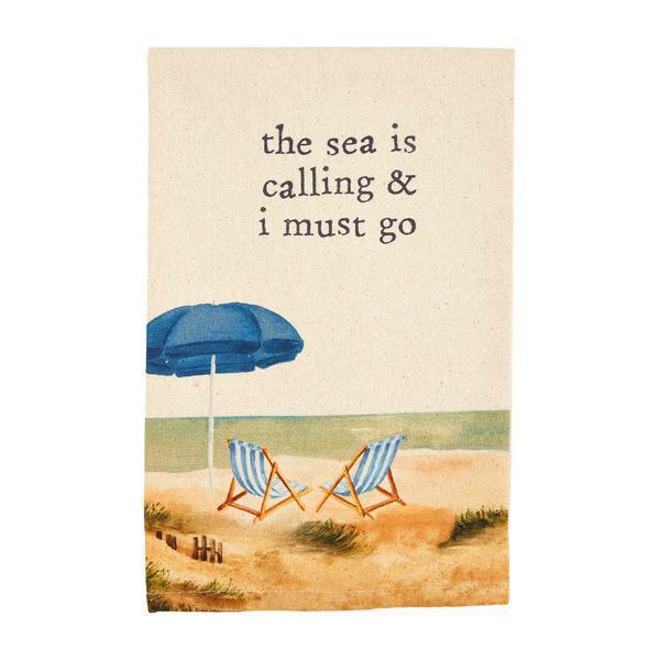 Beach scene with blue umbrella and chairs, text 'the sea is calling & i must go' on a beige background