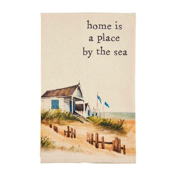 Beach scene with a small house and text 'home is a place by the sea' on a beige background