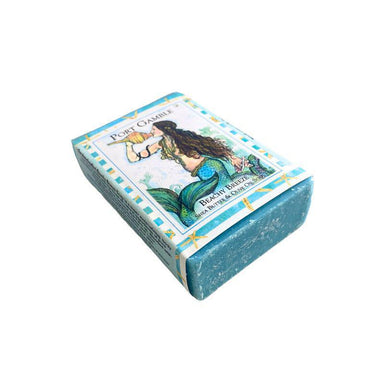 Soap bar with mermaid design on packaging against a white background