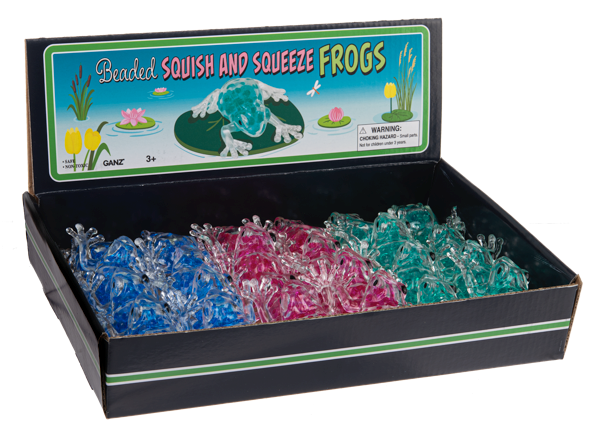 Box of Bendable Squish and Squeeze Frogs with colorful frogs inside