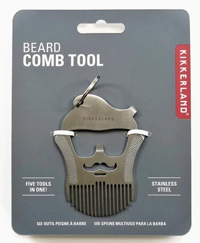 Beard comb tool on Kikkerland packaging with branding and product details.