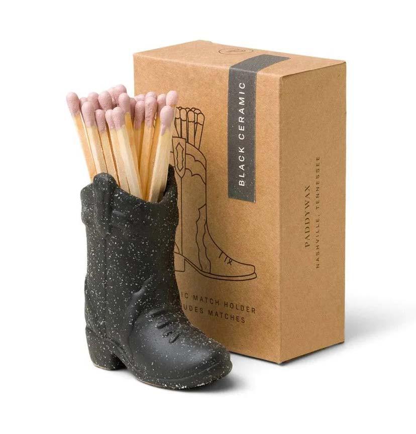 black Ceramic Cowboy Boot Match Holder, with box