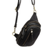 Black pebbled leather crossbody bag with multiple zippered compartments and gold-tone hardware, shown on a white background with a soft shadow.