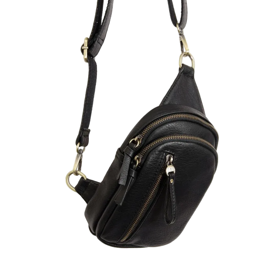 Black pebbled leather crossbody bag with multiple zippered compartments and gold-tone hardware, shown on a white background with a soft shadow.