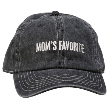 Black cap with 'Mom's Favorite' text on a white background