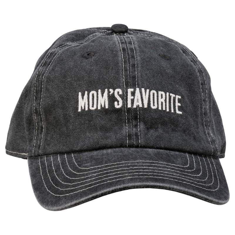 Black cap with 'Mom's Favorite' text on a white background