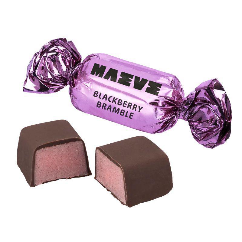 Candy with purple wrapper labeled 'Maeve Blackberry Bramble' on a white background