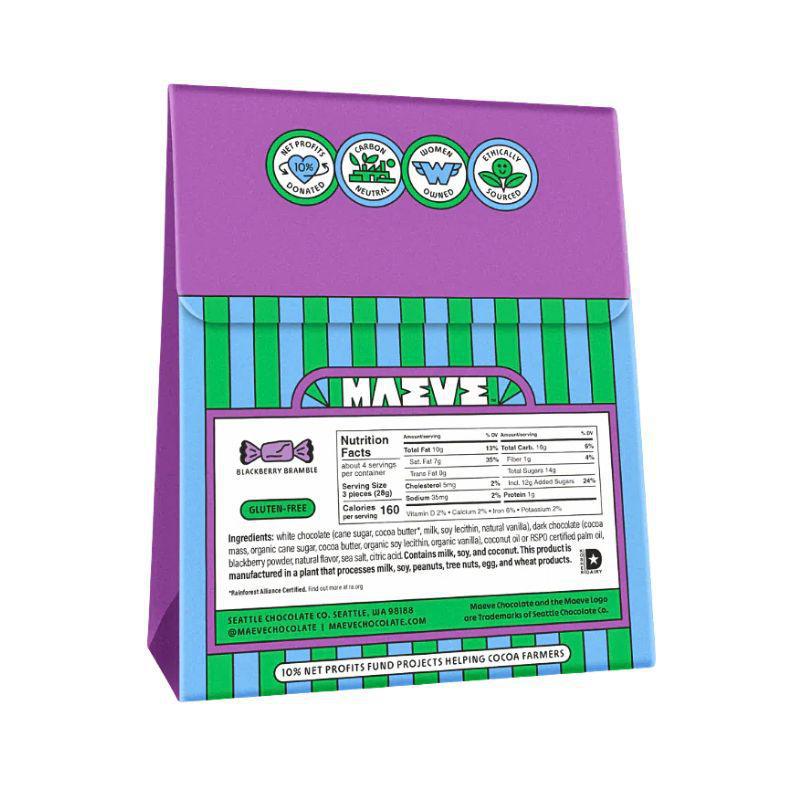 Purple packaging with green striped pattern and text on a white background