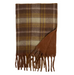 A brown plaid scarf with fringe on one end, displayed against a light gray background. The plaid pattern features shades of brown, tan, and muted yellow, with a solid brown reverse side visible where the corner is folded.