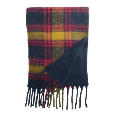 A folded plaid scarf with fringed ends, featuring a navy blue base with red, yellow, and orange tartan stripes, displayed on a light gray background.