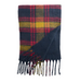 A folded plaid scarf with fringed ends, featuring a navy blue base with red, yellow, and orange tartan stripes, displayed on a light gray background.