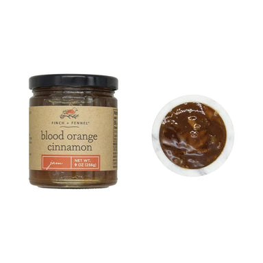 Jar of 'blood orange cinnamon' spread with a close-up of the spread on a white background