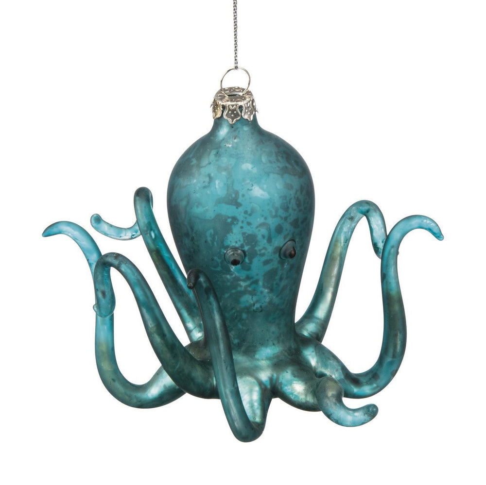 Blue Octopus Glass Ornament - Vintage Beach Holiday Decor, 4.5-Inch