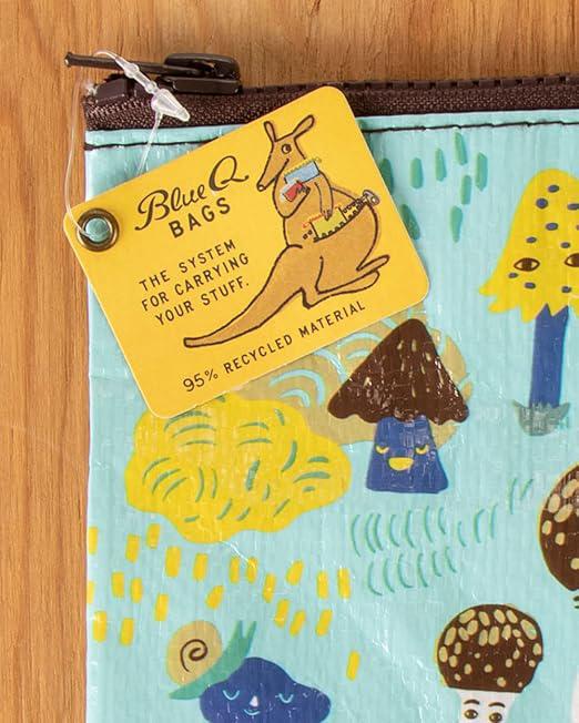 Reusable bag with a yellow tag featuring a kangaroo illustration and text about Blue Q Bags.
