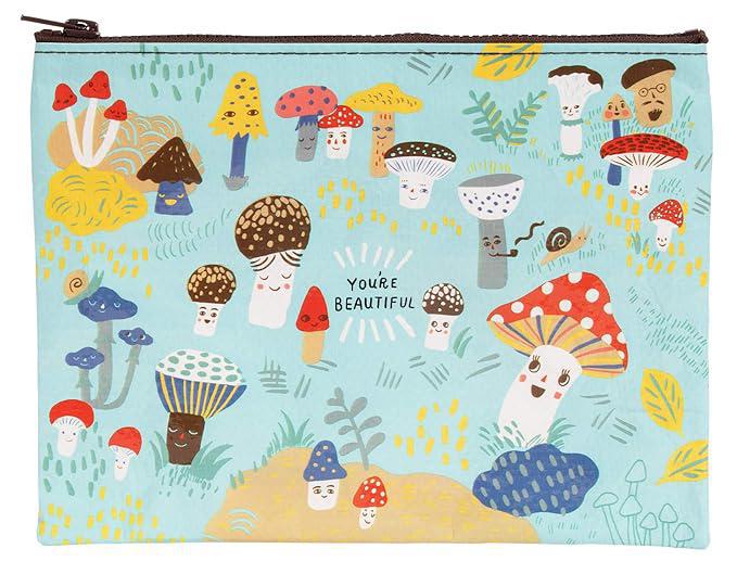 Pouch with colorful mushroom pattern and 'You're Beautiful' text on a light blue background
