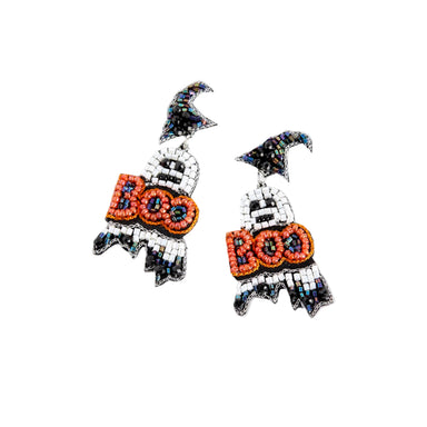 A pair of Halloween-themed beaded earrings shaped like ghosts with witch hats, featuring orange 'BOO' lettering and black, white, and blue beadwork on a light gray background.
