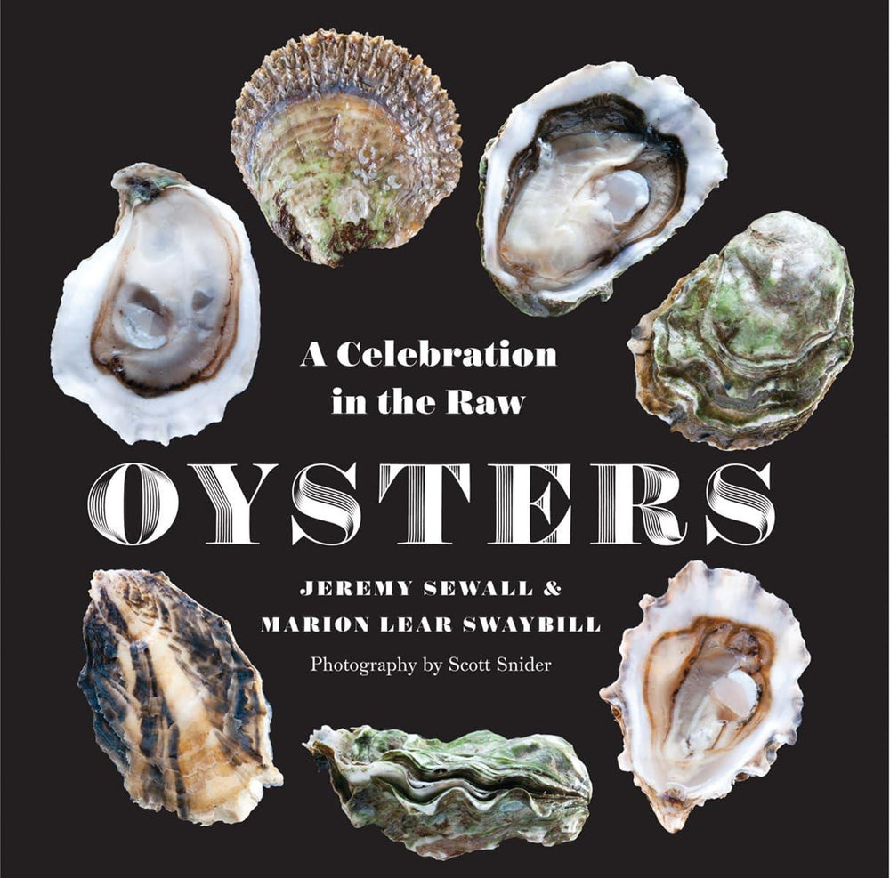 Book cover of 'Oysters: A Celebration in the Raw' with oyster images on a black background