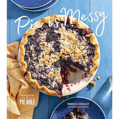 Book cover of 'Pie's Messy' with a blueberry pie on a blue background
