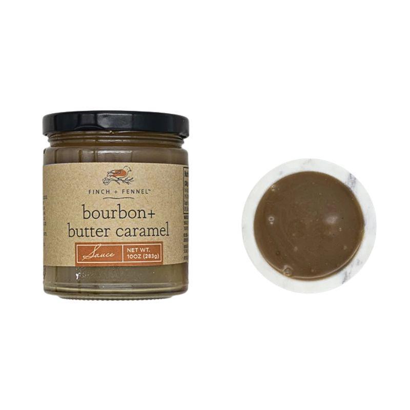 Jar of bourbon butter caramel sauce with a close-up of the sauce on a white background