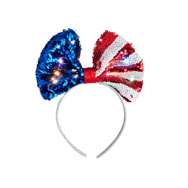 Headband with a sequin bow in American flag colors on a white background