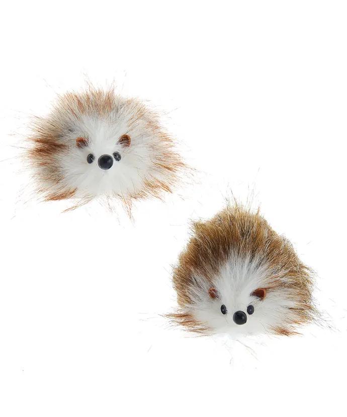 Brown Hedgehog Ornaments - Fuzzy Nature-Inspired Holiday Décor, 2 Assorted