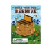 Build-your-own beehive kit packaging with bees and flowers on a blue background