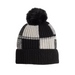 A black and gray checkered knit beanie with a fluffy black pom-pom, shown against a light gray background.