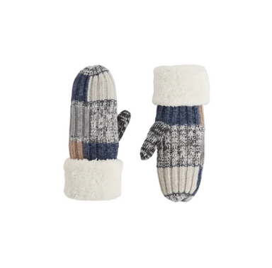 A pair of knit winter mittens with cream faux-fur cuffs, featuring a multicolor patchwork design with navy, beige, gray, and brown tones, displayed on a light gray background.