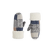 A pair of knit winter mittens with cream faux-fur cuffs, featuring a multicolor patchwork design with navy, beige, gray, and brown tones, displayed on a light gray background.