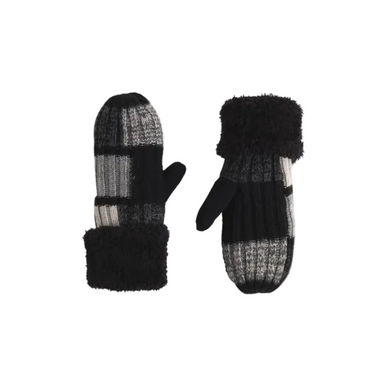 A pair of knit winter mittens with black and gray plaid patterns, featuring black faux-fur trim on the cuffs and a solid black thumb section, displayed on a light gray background.