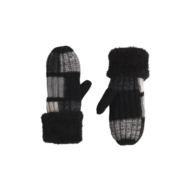 A pair of knit winter mittens with black and gray plaid patterns, featuring black faux-fur trim on the cuffs and a solid black thumb section, displayed on a light gray background.