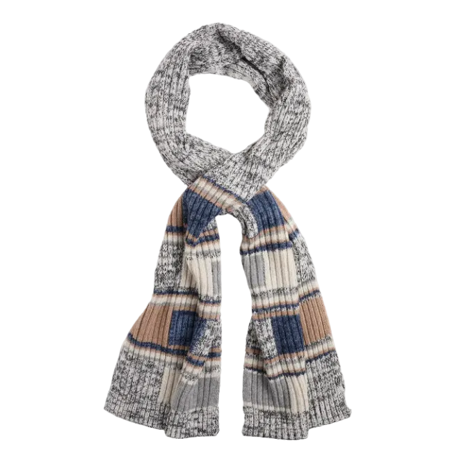 A chunky knit scarf with a marled gray and white texture, featuring a striped plaid pattern in navy blue, beige, and brown, displayed on a light gray background.