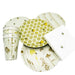 bee-themed patio party gift set containing a set of 4 melamine solo cups with 4 different designs with matching Set of 4 melamine Plates and a set of napkins with the print of 3 bees.