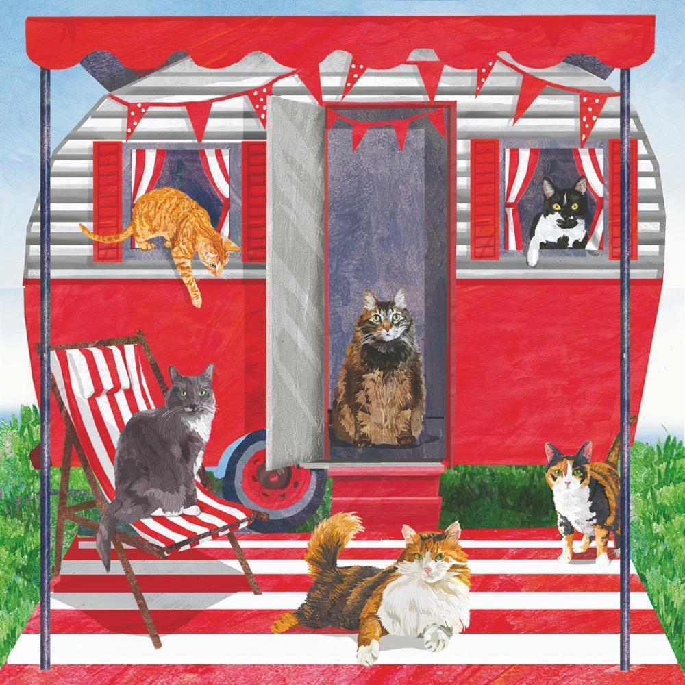 Illustration of cats around a red and white striped caravan with bunting.