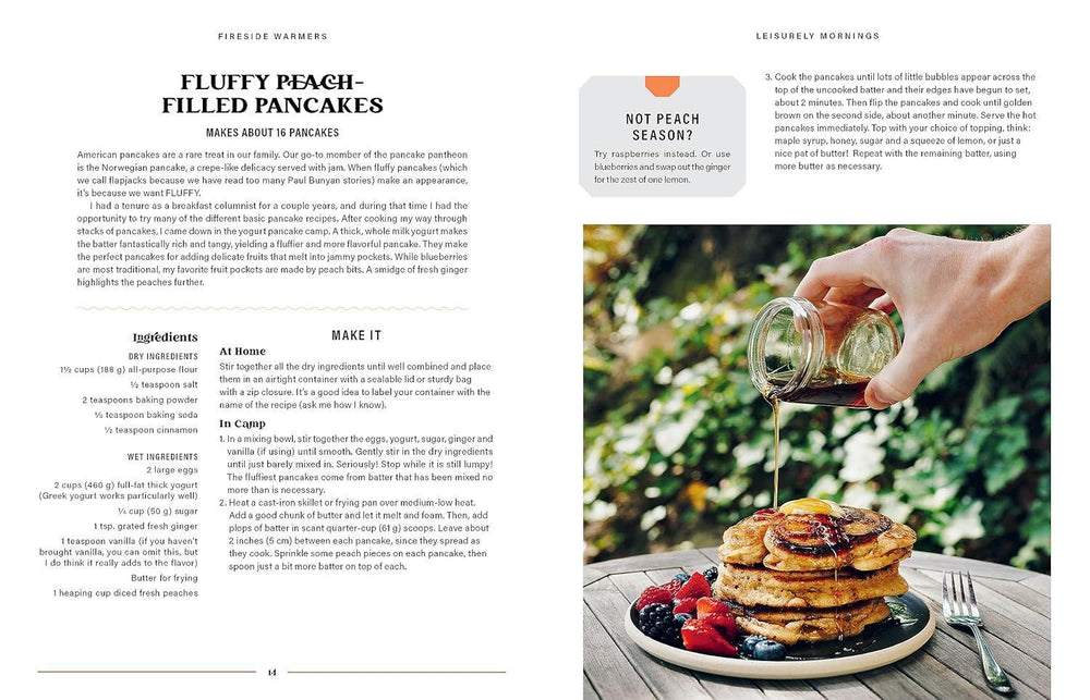 Recipe page for fluffy peach-filled pancakes with a photo of pancakes being drizzled with syrup.